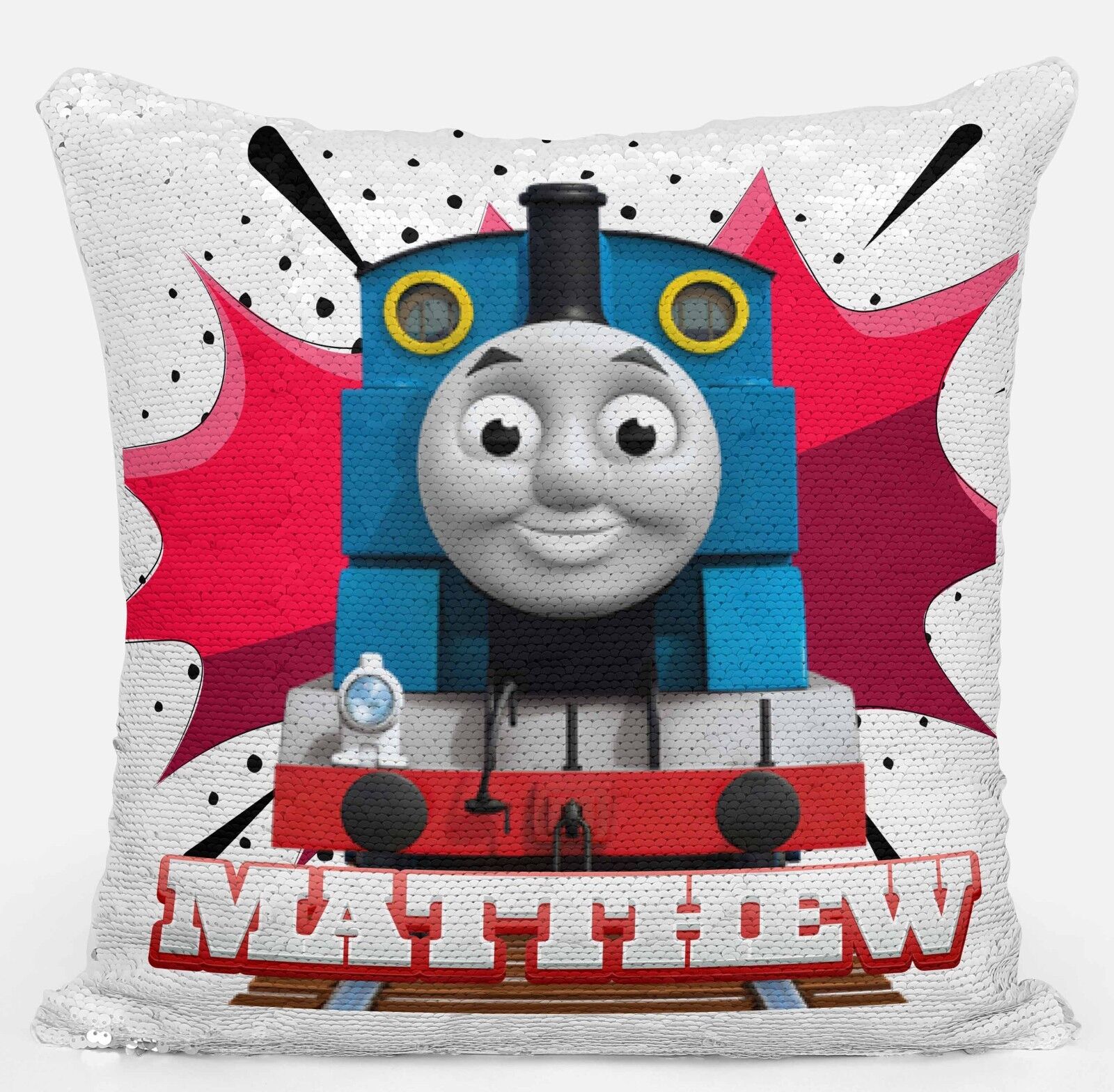 Personalised Thomas Tank Engine Any Name Magic Reveal Sequin Cushion Cover 1