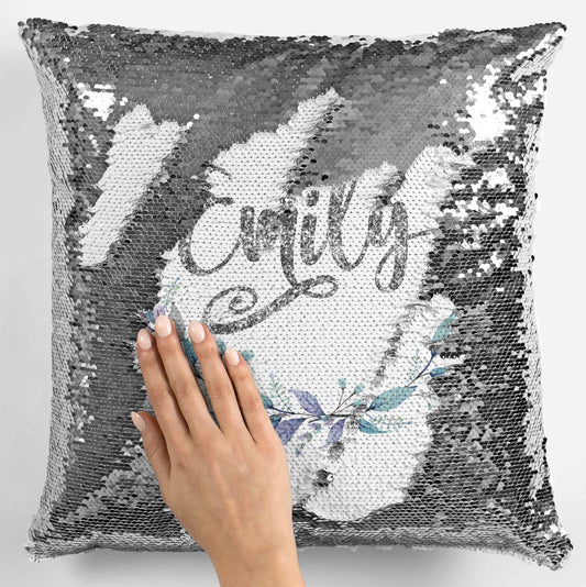Personalised Floral Any Name Magic Reveal Silver Sequin Cushion Cover Gift