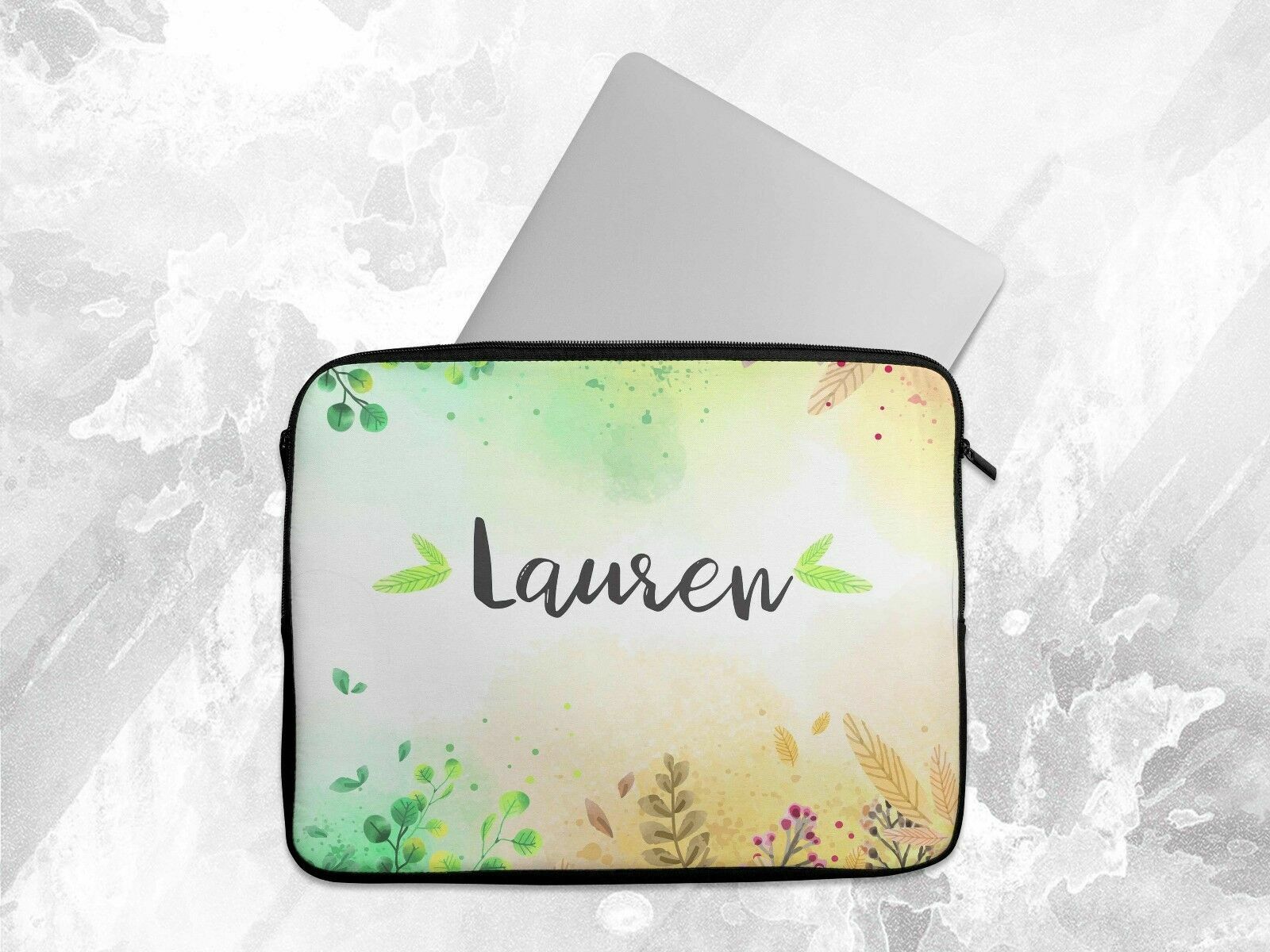 Personalised Any Name Floral Green Laptop Case Sleeve Tablet Bag Chromebook Gift