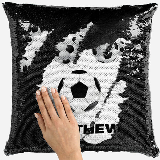 Personalised Football Design Any Name Magic Reveal Black Sequin Cushion Cover 4