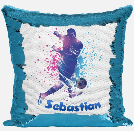 Personalised Football Any Name Magic Reveal Sequin Cushion Cover Gift Blue