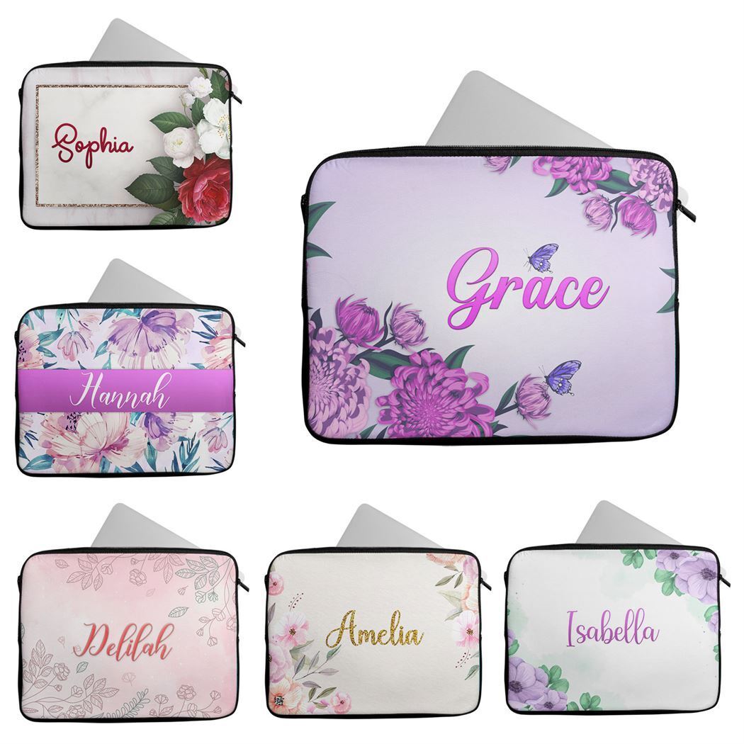 Personalised Any Name Floral Design Laptop Case Sleeve Tablet Bag 55