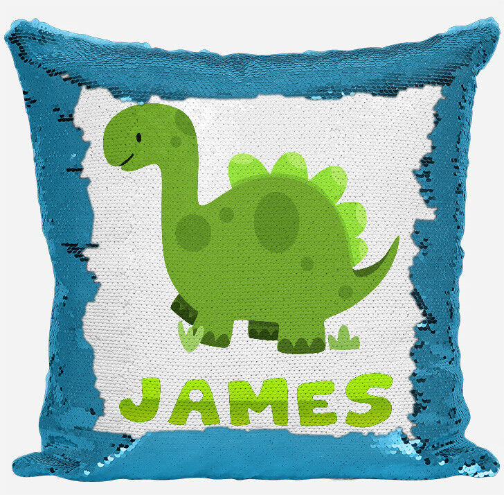 Personalised Dinosaur Design Any Name Magic Reveal Blue Sequin Cushion Cover 2