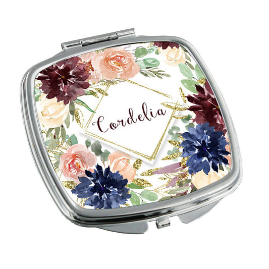 Personalised Any Name Floral Design Square Pocket Folding Mirror Travel Portable