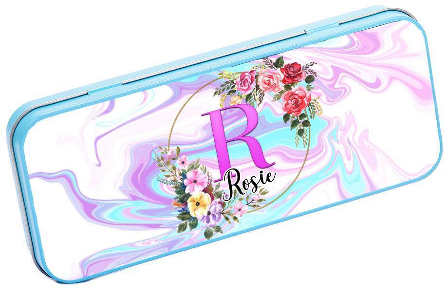 Personalised Any Name Floral Pencil Case Tin Children School Kids Stationary 25