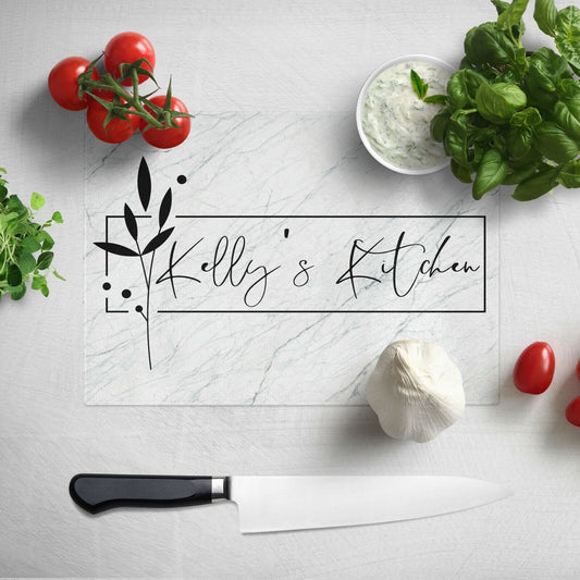 Personalised Any Name White Floral Kitchen Glass Chopping Board Item Gift