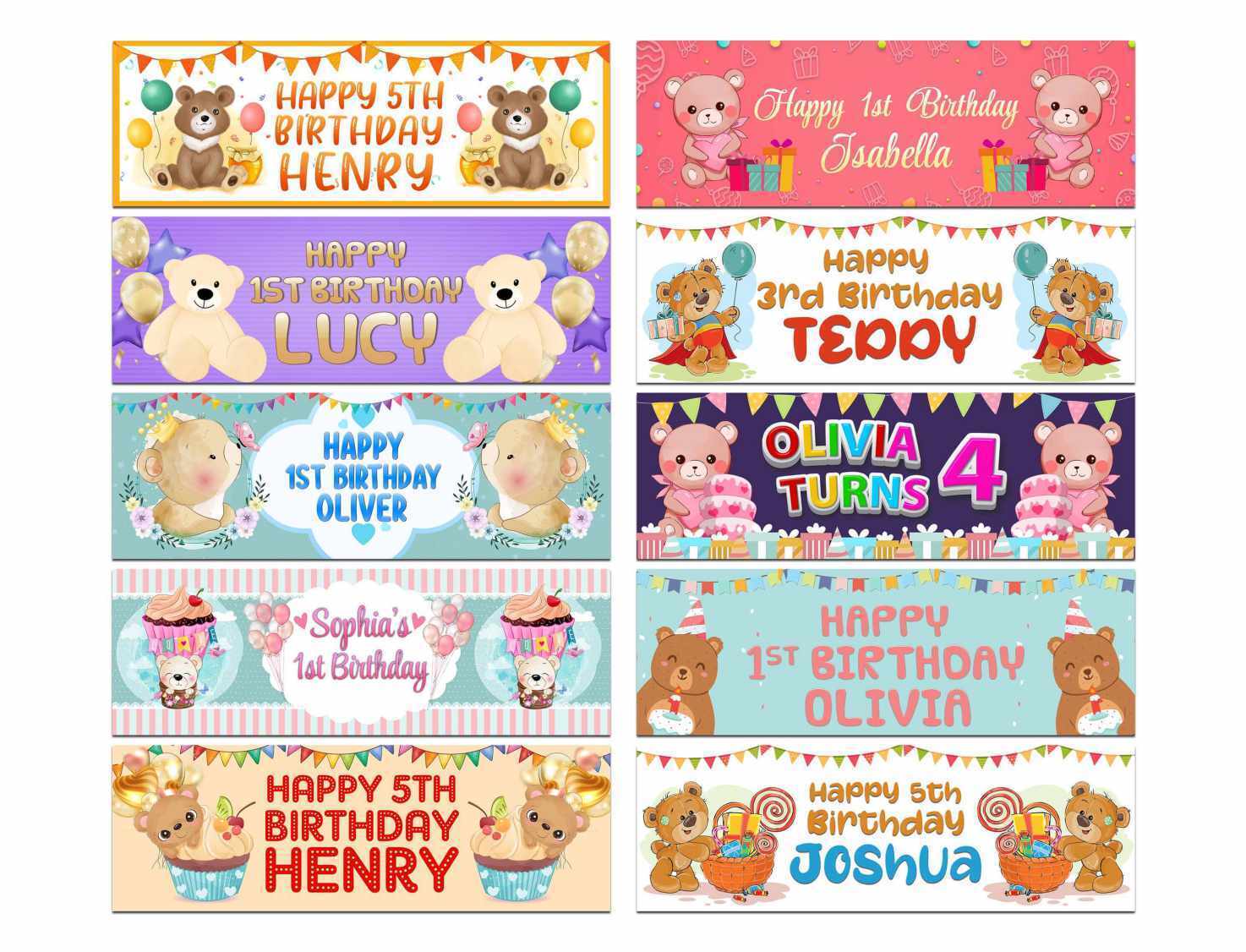 Personalised Birthday Banners Teddy Design Children Kids Party Decoration 114