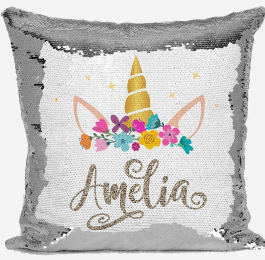 Personalised Unicorn Any Name Magic Reveal Silver Sequin Cushion Cover Gift 