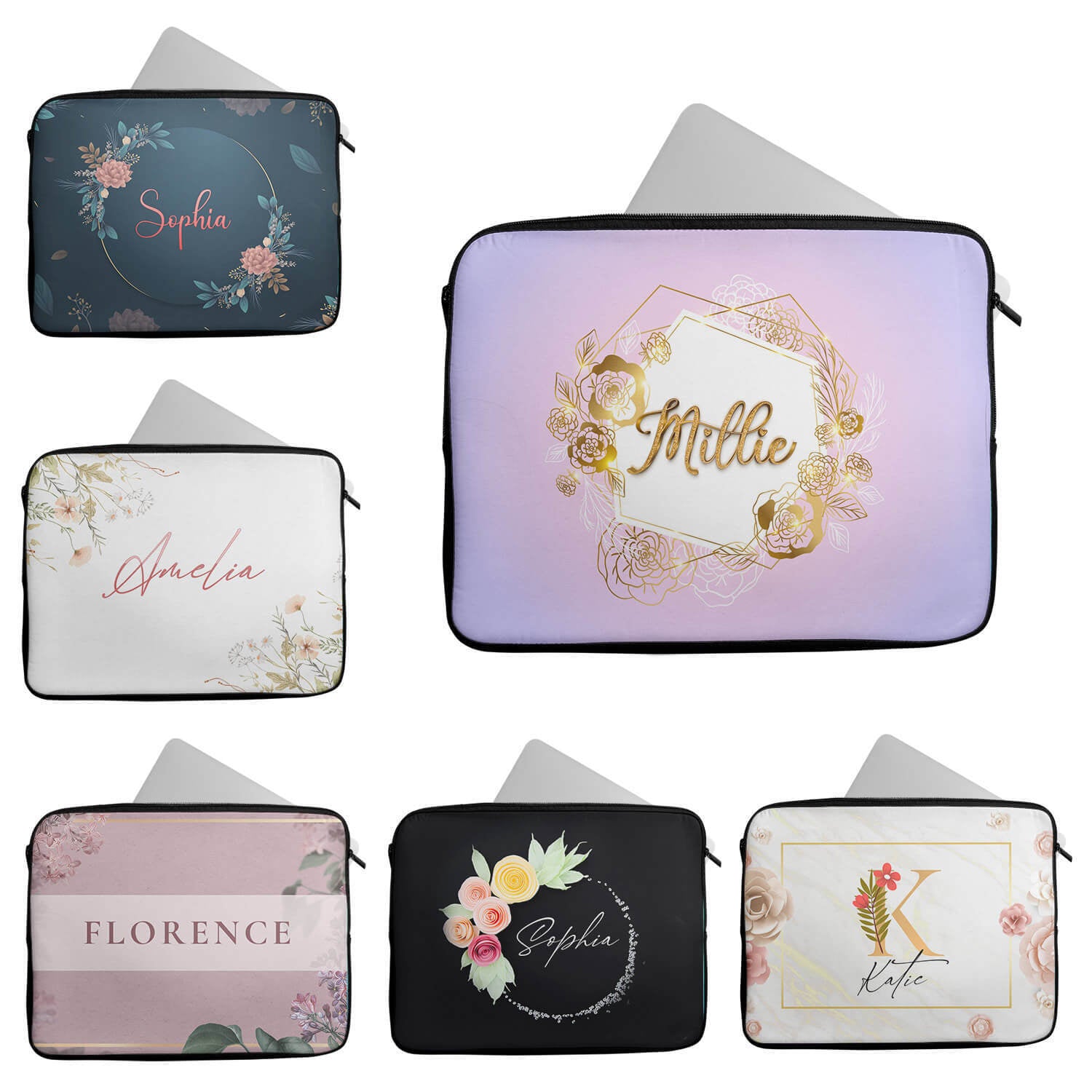 Personalised Any Name Floral Design Laptop Case Sleeve Tablet Bag 10