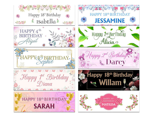 Personalised Birthday Banners Floral Design Kids adult Party Decoration 26