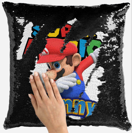 Personalised Super Mario Any Name Magic Reveal Black Sequin Cushion Cover Gift 3