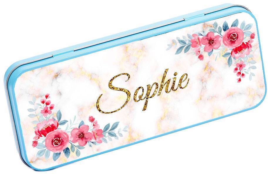 Personalised Any Name Floral Pencil Case Tin Children School Kids Stationary 25