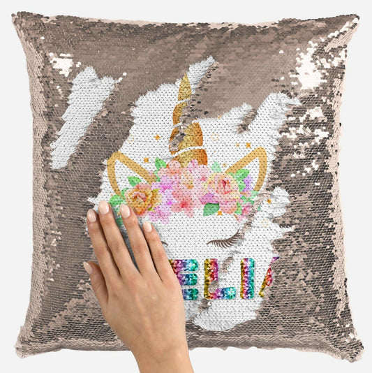 Personalised Unicorn Any Name Magic Reveal Gold Sequin Cushion Cover Gift 3