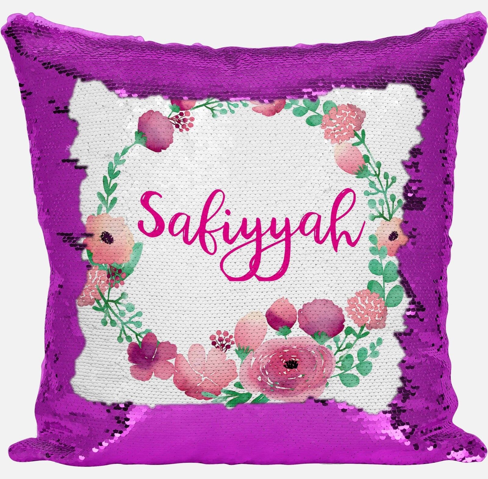 Personalised Floral Any Name Magic Reveal Sequin Cushion Cover Gift Pink