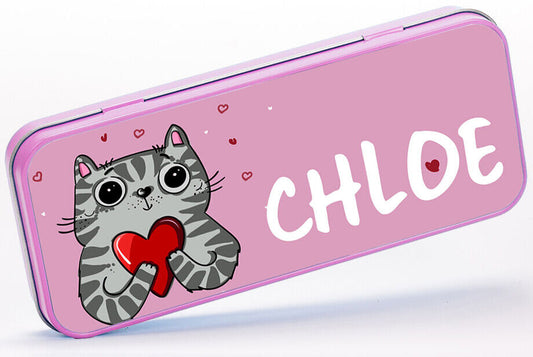 Personalised Any Name Cats Pencil Case Tin Girls School Kids Stationary 4