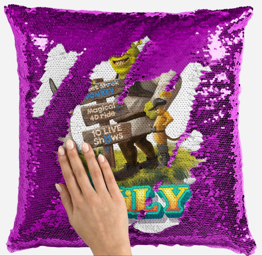 Personalised Shrek Any Name Magic Reveal Pink Sequin Cushion Cover Gift 