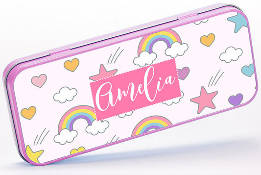 Personalised Any Name Rainbow Pencil Case Tin Girls School Kids Stationary
