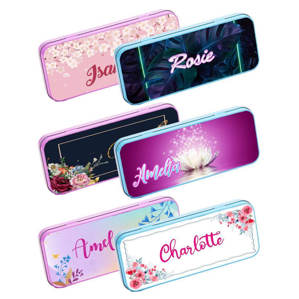 Personalised Any Name Floral Pencil Case Tin Children School Kids Stationary 33