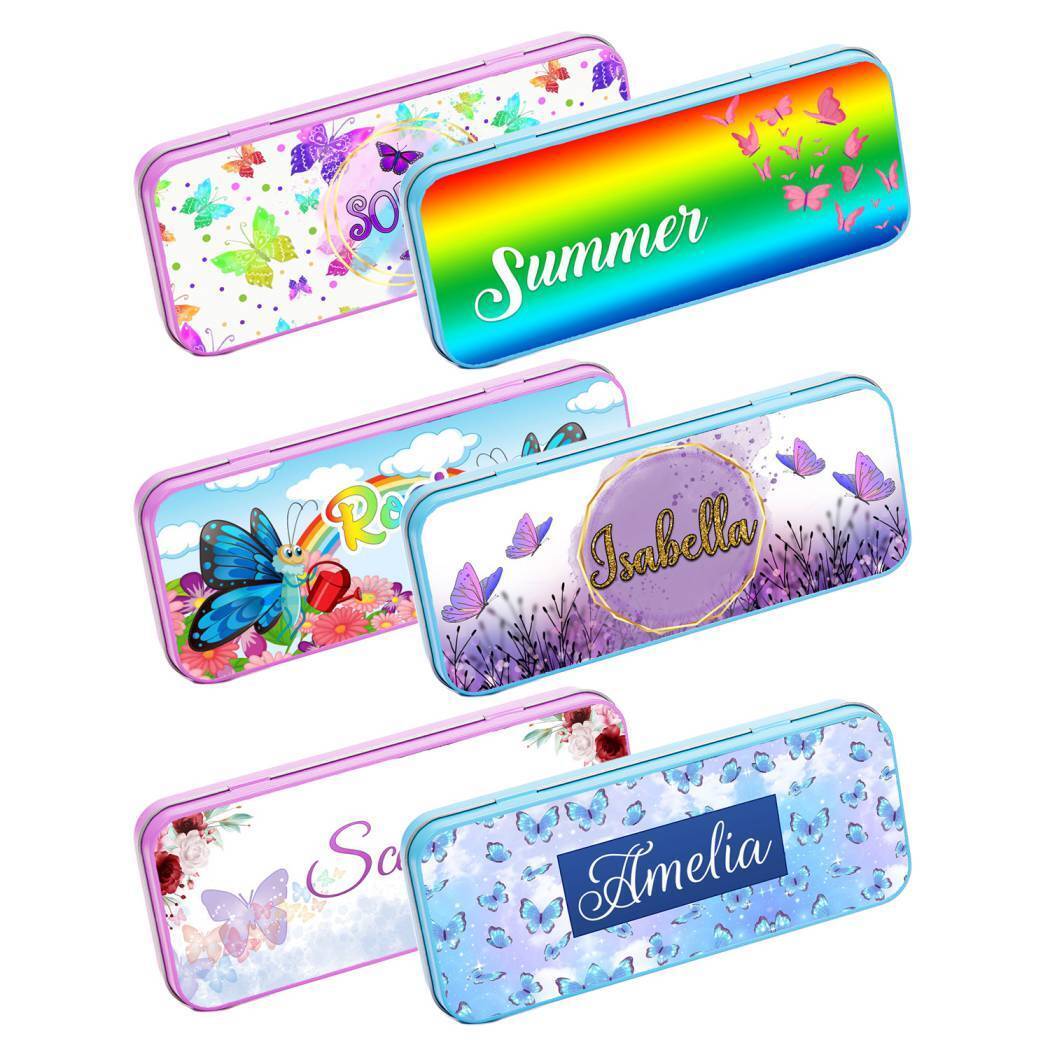 Personalised Any Name Butterfly Pencil Case Tin School Kids Stationary 17