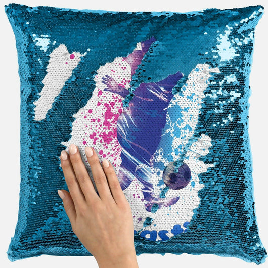 Personalised Football Any Name Magic Reveal Sequin Cushion Cover Gift Blue