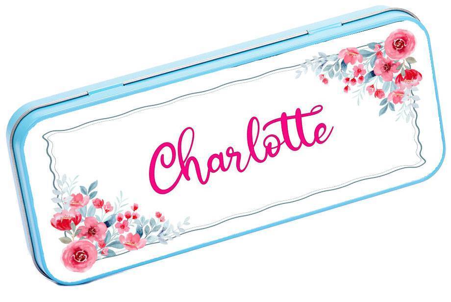 Personalised Any Name Floral Pencil Case Tin Children School Kids Stationary 33