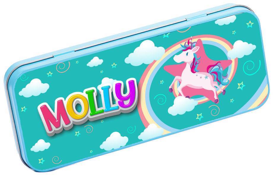 Personalised Any Name Unicorn Pencil Case Tin Children School Kids Stationary 27