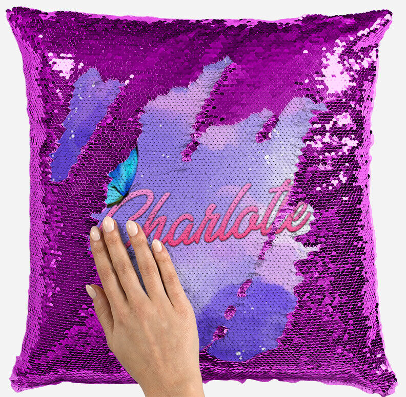 Personalised Butterfly Any Name Magic Reveal Pink Sequin Cushion Cover Gift 60