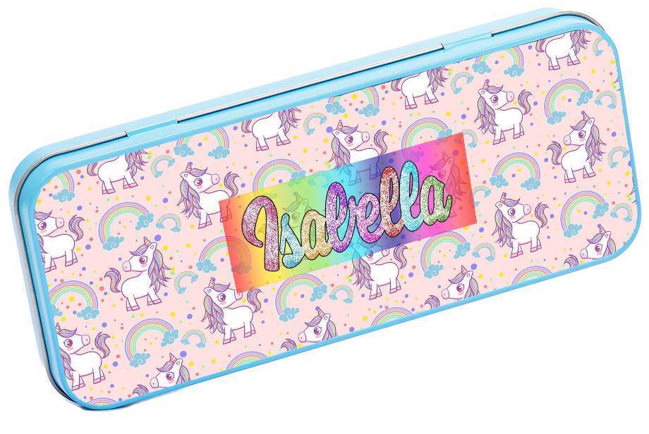 Personalised Any Name Unicorn Pencil Case Tin Children School Kids Stationary 31