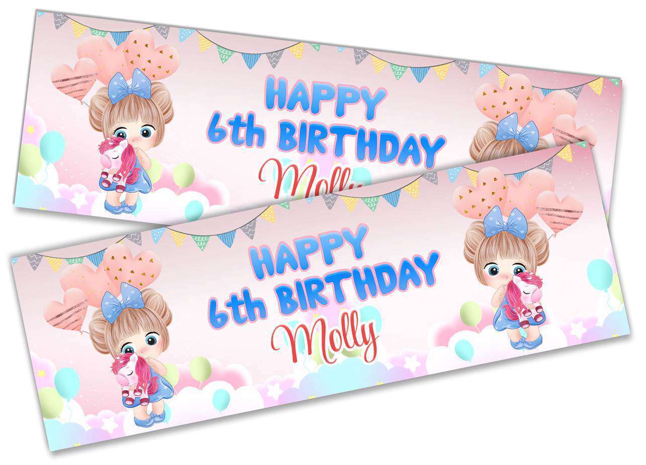 Personalised Birthday Banners Doll Design Children Kids Party Decoration 110