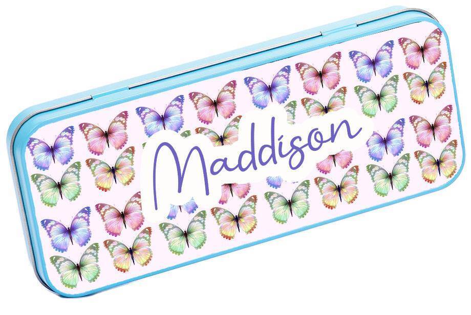 Personalised Any Name Butterfly Pencil Case Tin Children School Kid Stationary 9