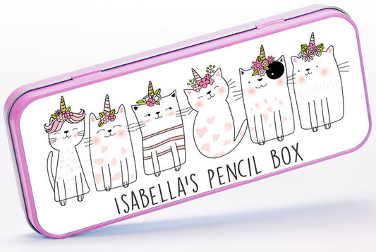 Personalised Any Name Cats Pencil Case Tin Girls School Kids Stationary