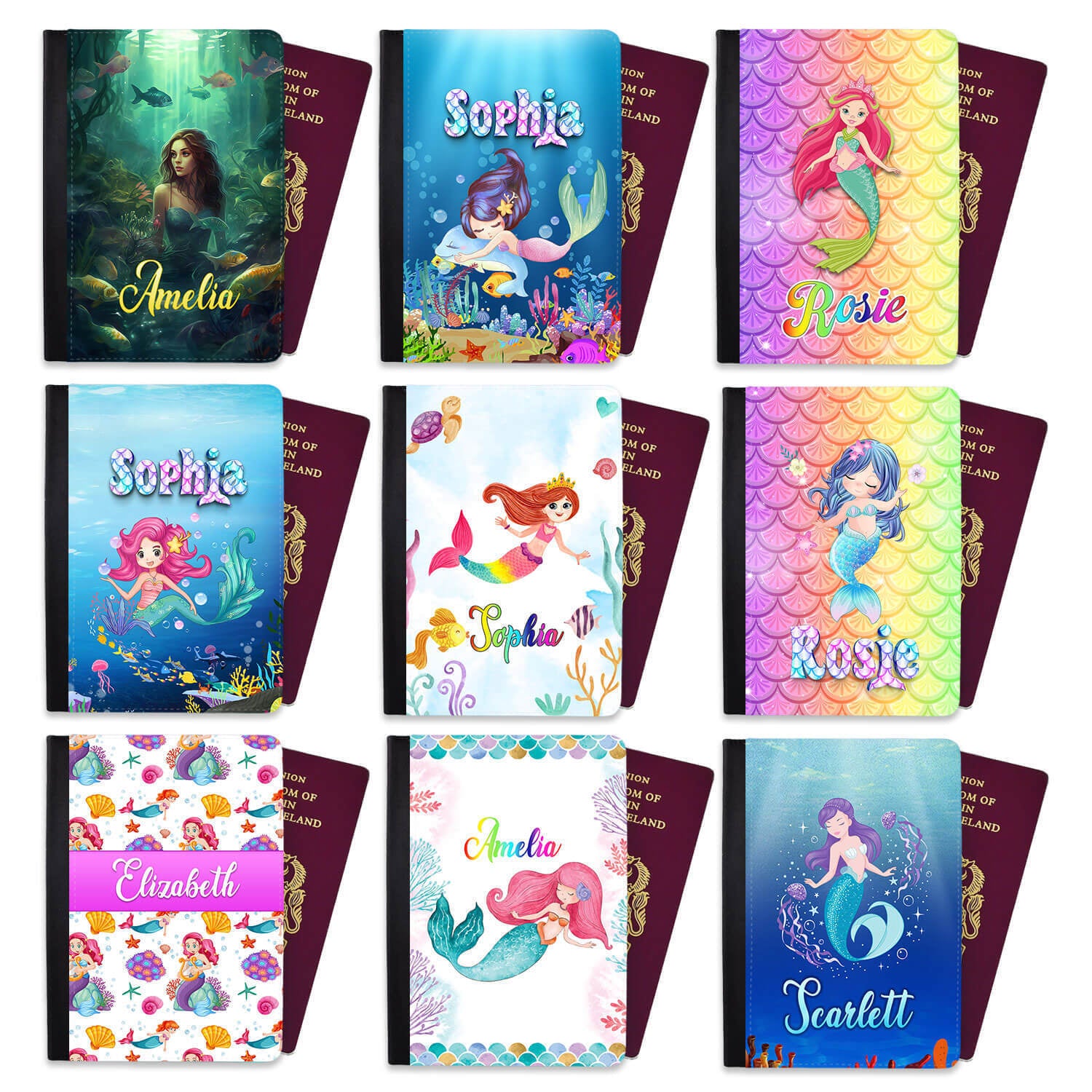 Personalised Mermaid Children Passport Cover Holder Any Name Holiday Accessory 2