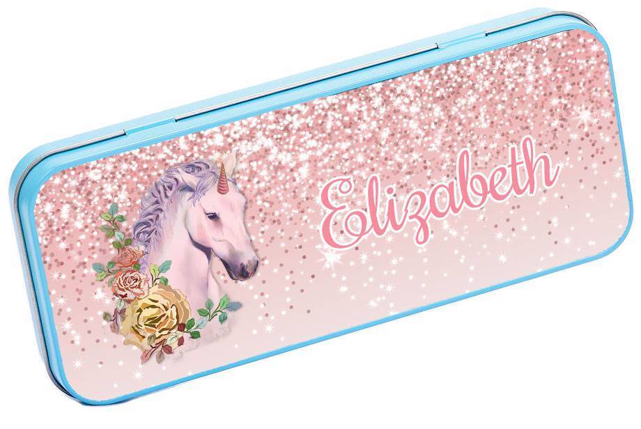 Personalised Any Name Unicorn Pencil Case Tin Children School Kids Stationary 31