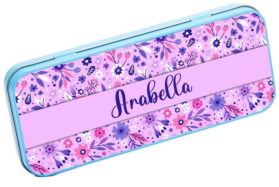 Personalised Any Name Floral Pencil Case Tin Children School Kids Stationary 13