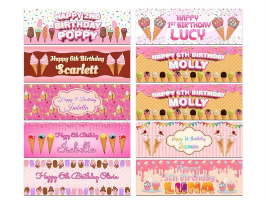Personalised Birthday Banners Ice Cream Design Children Kids Party Decoration 80