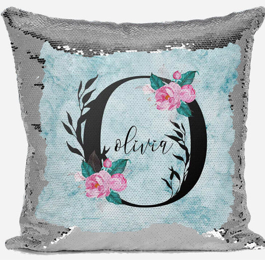 Personalised Floral  Any Name Magic Reveal Silver Sequin Cushion Cover Gift 61