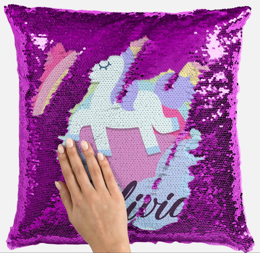 Personalised Unicorn Any Name Magic Reveal Sequin Cushion Cover Gift Pink