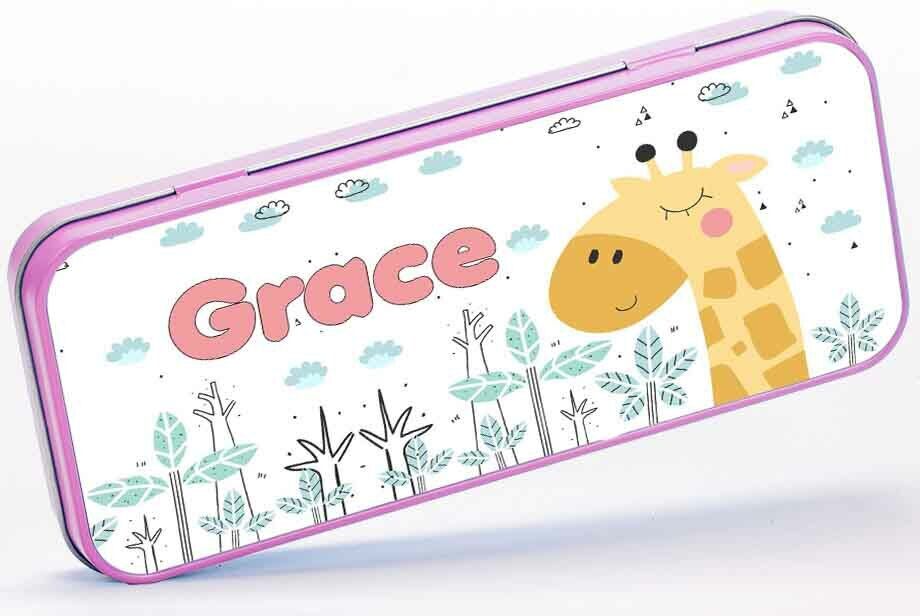 Personalised Any Name Giraffe Pencil Case Tin Girls School Kids Stationary 452