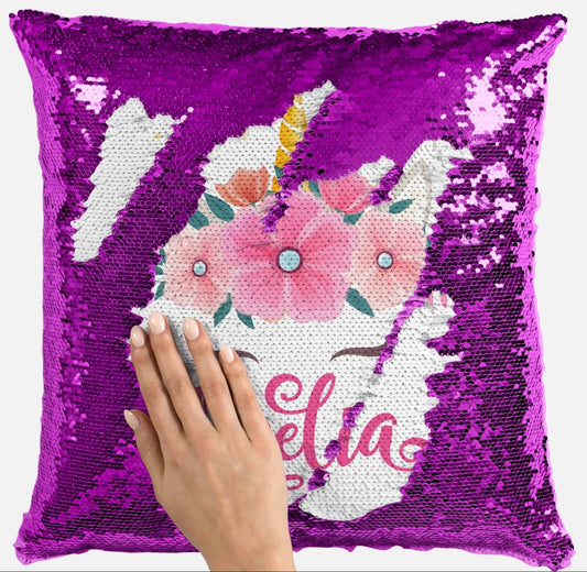 Personalised Unicorn Any Name Magic Reveal Sequin Cushion Cover Gift Pink 7