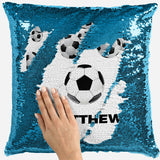 Personalised Football Design Any Name Magic Reveal Blue Sequin Cushion Cover 4