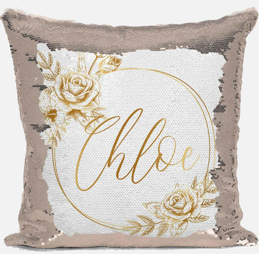 Personalised Floral Design Any Name Magic Reveal Gold Sequin Cushion Cover 8