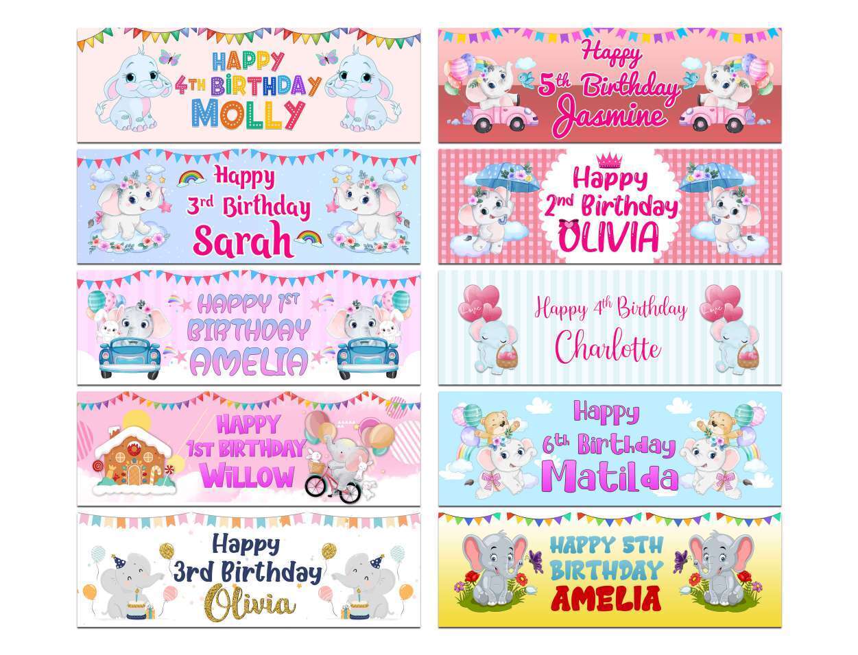 Personalised Birthday Banners Elephant Design Children Kids Party Decoration 93