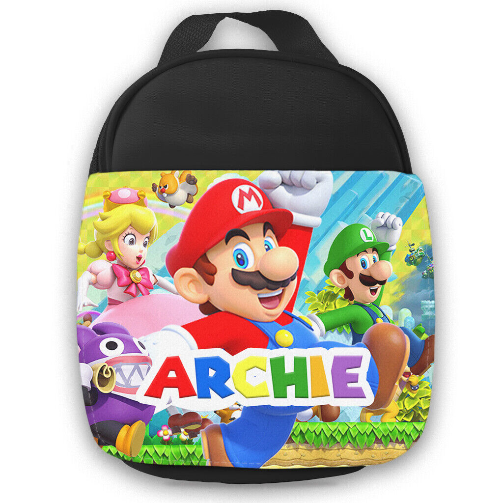 Personalised Mario Kids Black Lunch Bag Any Name Children School Snack Box 27