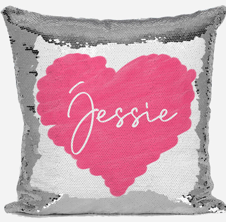 Personalised Heart Design Any Name Magic Reveal Silver Sequin Cushion Cover 3