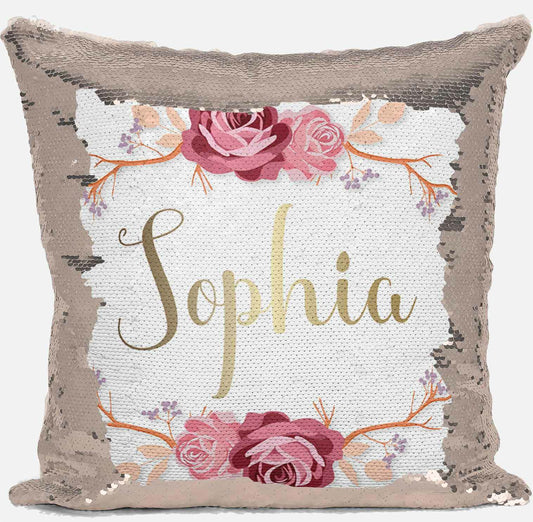 Personalised Floral Design Any Name Magic Reveal Gold Sequin Cushion Cover 14