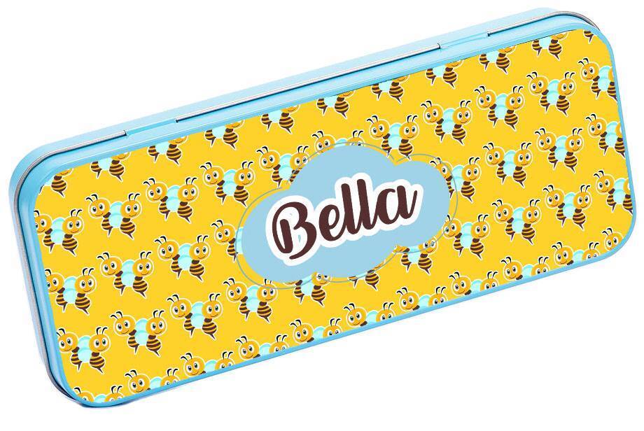 Personalised Any Name Bee Pencil Case Tin Children School Kids Stationary 16