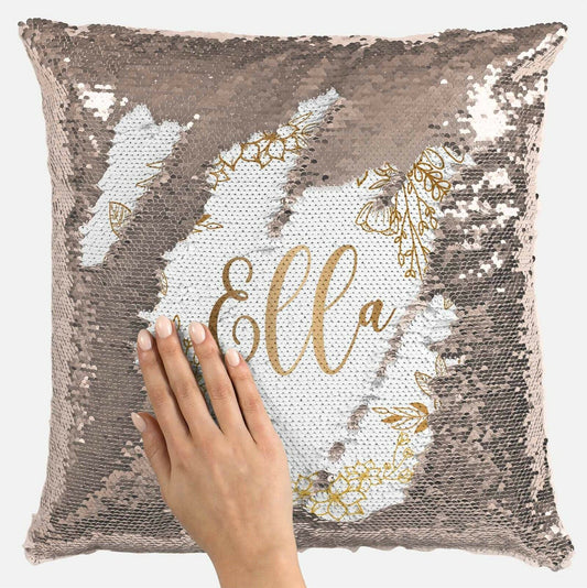 Personalised Floral Design Any Name Magic Reveal Gold Sequin Cushion Cover Gift