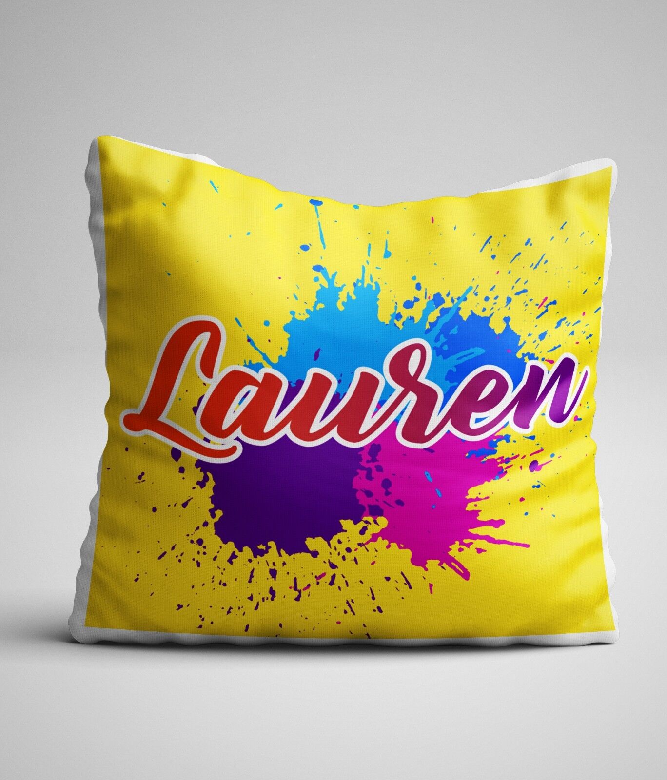 Personalised Any Name Yellow Splash Cushion Pillow Custom Printed Birthday Gift