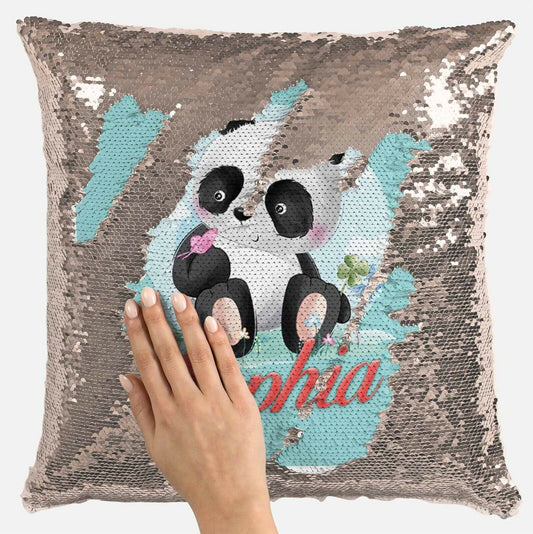 Personalised Panda Any Name Magic Reveal Gold Sequin Cushion Cover Gift 88