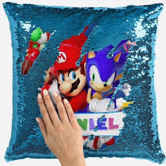 Personalised Mario and Sonic Any Name Magic Reveal Blue Sequin Cushion Cover